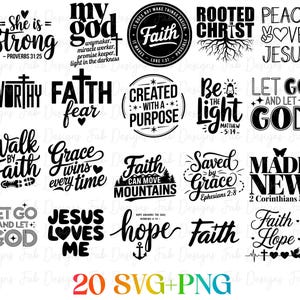 Op de afbeelding: Een verzameling van 20 SVG- en PNG-ontwerpen met inspirerende citaten en religieuze thema's. De zwart-witte ontwerpen bevatten zinnen als 'Zij is sterk', 'Geloof kan bergen verzetten' en 'Jezus houdt van mij'.