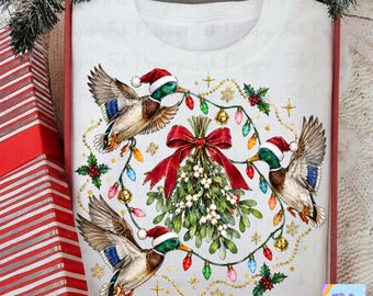 Mistletoe Mallards PNG, Three Santa Hat Ducks with Christmas Lights, Duck Hunter Christmas Shirt Design, Holiday Mallard Sweatshirt