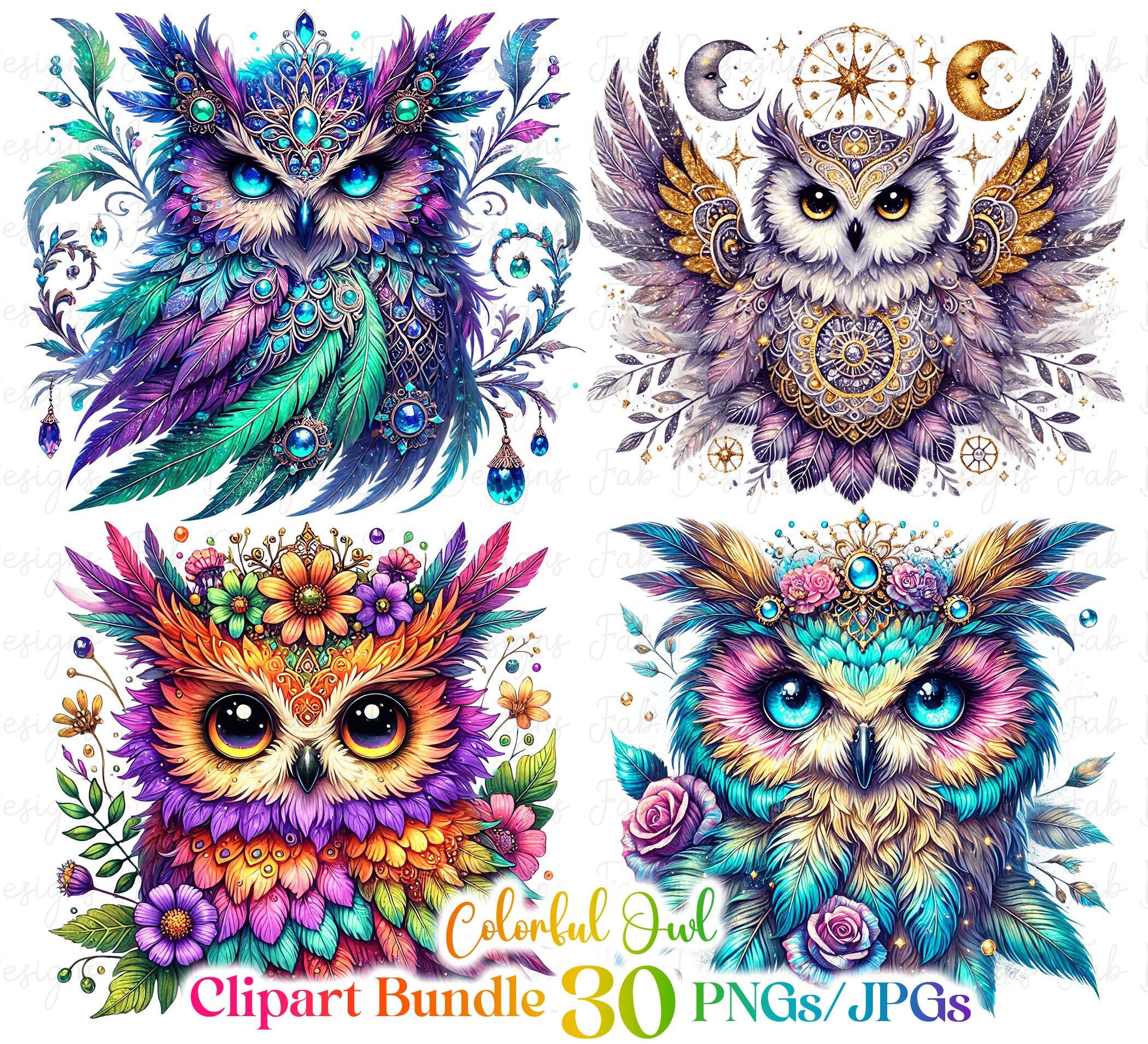 30 Owl Clipart bundle, Sparkling Owl Sublimation Clipart, Colorful Owls, Owl artwork, Owl printable,
