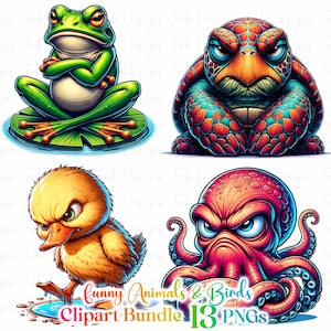 13 Watercolor Funny Grumpy Animals Collection Clipart, Funny Grumpy Safari Animals Clipart, Cartoon Pet Prints Bundle, Commercial Use