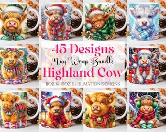 Highland Cow Christmas Mug Wrap Bundle: Sublimation Designs (PNG Digital Download)