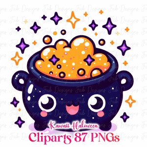 May include: A cartoon illustration of a dark blue cauldron with a smiling face, filled with orange bubbling liquid. Purple and orange stars and sparkles surround the cauldron. The text "Kawaii Halloween Cliparts 87 PNGs" is at the bottom.