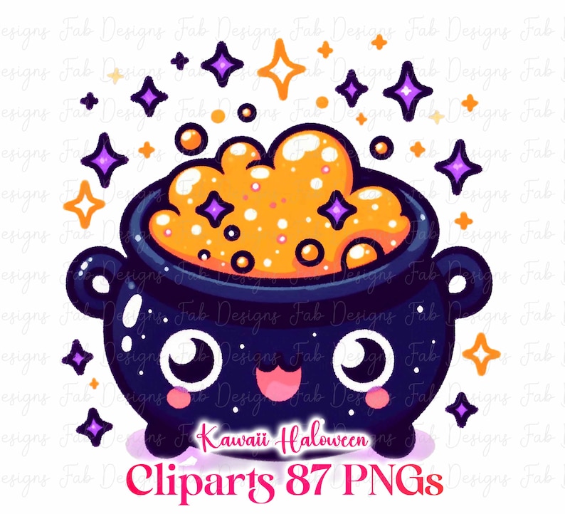 May include: A cartoon illustration of a dark blue cauldron with a smiling face, filled with orange bubbling liquid. Purple and orange stars and sparkles surround the cauldron. The text "Kawaii Halloween Cliparts 87 PNGs" is at the bottom.