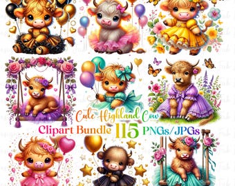 115 Süßes Baby Highland Kuh Blumen Clipart Bundle Highland Kuh Clipart, Schottische Kuh Bauernhof Tier Clipart glückliches Baby Highland Kuh Kindergarten Kunst