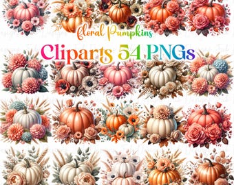 Watercolor Floral Pumpkin Clipart: Thanksgiving Foliage (Digital Download PNG)