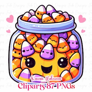May include: A cartoon illustration of a jar filled with candy corn. The jar has a smiling face and is surrounded by pink hearts. The text "Kawaii Halloween Cliparts 87-PNGs" is at the bottom.
