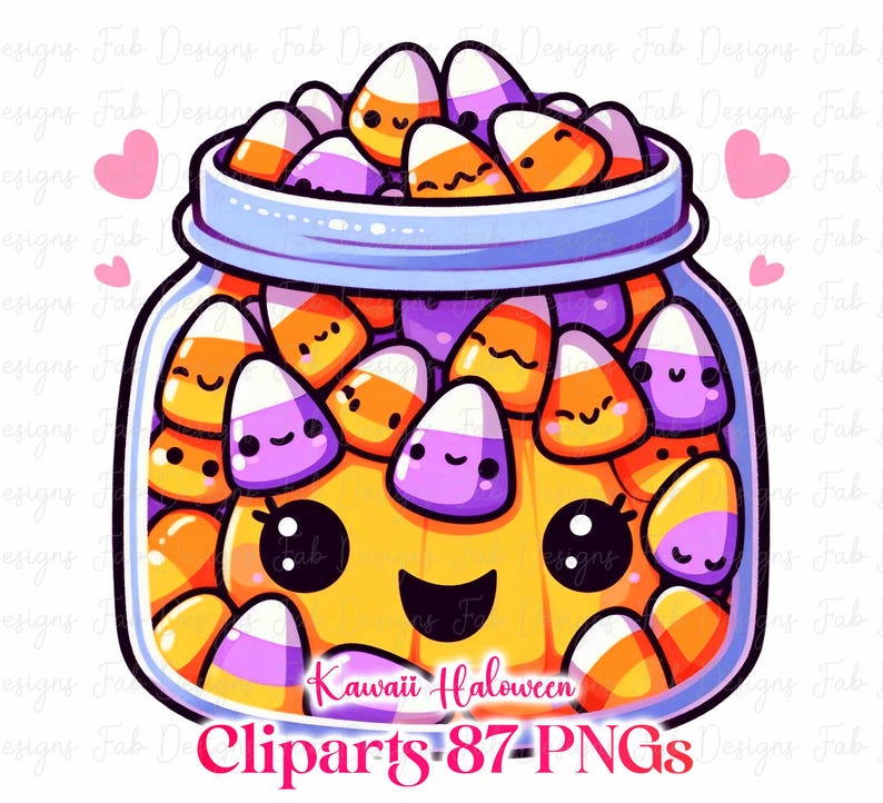 May include: A cartoon illustration of a jar filled with candy corn. The jar has a smiling face and is surrounded by pink hearts. The text "Kawaii Halloween Cliparts 87-PNGs" is at the bottom.