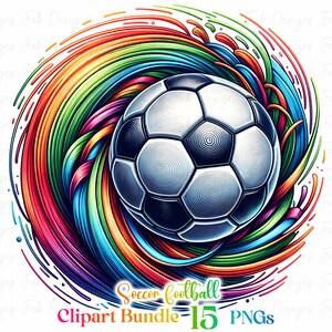May include: A soccer ball with a black and white design is surrounded by colorful, swirling lines. The background is white. The text "Soccer Football Clipart Bundle - 15 PNGs" is at the bottom of the image.