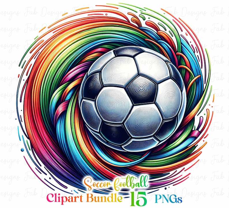 May include: A soccer ball with a black and white design is surrounded by colorful, swirling lines. The background is white. The text "Soccer Football Clipart Bundle - 15 PNGs" is at the bottom of the image.
