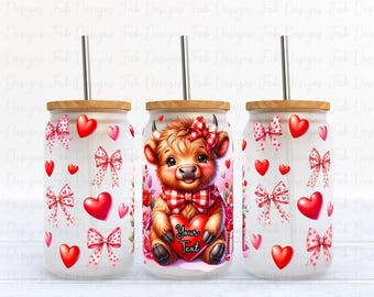 Valentine Highland Kuh Coquette Bow Herz png 16 Unze Glasdose Valentine Sublimationsentwurf, Retro Valentine PNG Wrap, Valentinglasdose