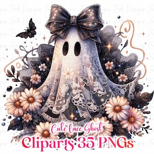 May include: A digital illustration of a cute ghost with a black bow, surrounded by flowers and foliage. The ghost is wearing a white lace sheet. The image includes the text "Cute lace Ghost Cliparts 35 PNGs".