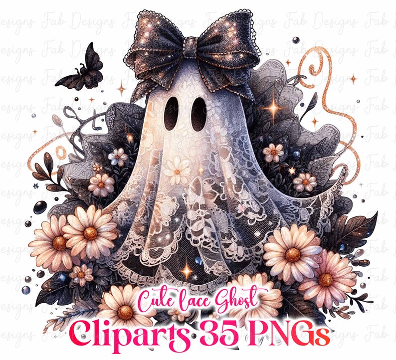 May include: A digital illustration of a cute ghost with a black bow, surrounded by flowers and foliage. The ghost is wearing a white lace sheet. The image includes the text "Cute lace Ghost Cliparts 35 PNGs".