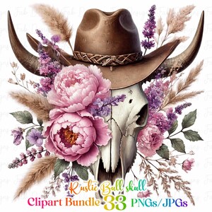 May include: A white bull skull wearing a brown cowboy hat and adorned with pink flowers. The skull is surrounded by dried grasses and lavender flowers.