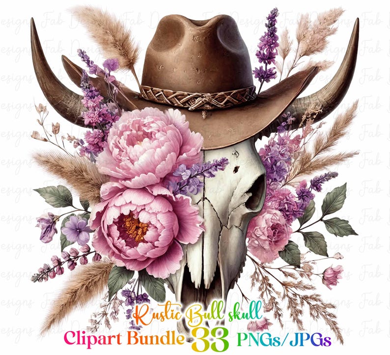 May include: A white bull skull wearing a brown cowboy hat and adorned with pink flowers. The skull is surrounded by dried grasses and lavender flowers.