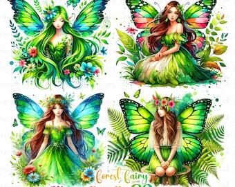 May include: A digital clipart bundle of 29 PNG images featuring forest fairies with green wings and dresses. The fairies are surrounded by lush greenery and flowers.