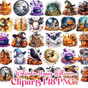 148 Cute Halloween Watercolor Clipart Bundle, Witch Clipart, Black Cat, Pumpkin Clipart, Kids Halloween PNG Halloween Decoration Ghost Mummy