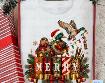 Duck Hunter Christmas PNG, Merry Shotgun Shell Letters with Mallards and Lights, Mens Hunting Christmas Shirt Design, Camo Plaid Leopard DTF