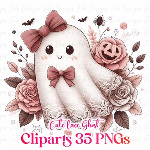 May include: A cute, white ghost illustration with a pink bow, surrounded by pink roses and leaves. The ghost has a lace trim and a smiling face. The image includes bats, a spider, and the text "Cute lace Ghost Cliparts 35 PNGs."