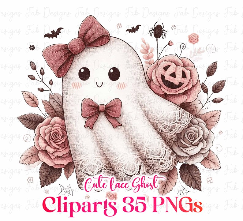 May include: A cute, white ghost illustration with a pink bow, surrounded by pink roses and leaves. The ghost has a lace trim and a smiling face. The image includes bats, a spider, and the text "Cute lace Ghost Cliparts 35 PNGs."