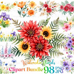 98 Watercolor Flower design,Watercolor Floral pattern,Flowers Digital Paper, Flower PNG, Watercolor Flower Clipart, Wedding Clipart, Florals
