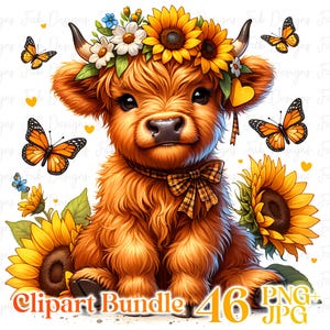 cow clipat, baby highland, baby highland png, highland cow clipart, highland cow flower, highland cow png, sunflower clipart, sunflower png, watercolor cow, clipart, clip art, clipart images, clipart png