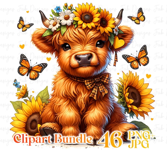 46 Highland Cow Sunflowers Clipart Bundle, Highland Cow Clipart PNG, Scottish Cow, Happy Highland Cow clipart,highland Cow Funny Baby Cow