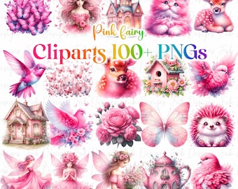 Aquarell Feengarten Clipart: Pinke Feen, Pilze (Kommerzielle Nutzung, Digital Download