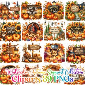 Colección de 39 carteles de otoño en acuarela, imágenes prediseñadas de calabaza, imágenes prediseñadas de otoño, imágenes prediseñadas de otoño acogedor, otoño cottagecore, uso comercial