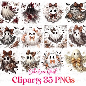 May include: A collection of 12 cute ghost cliparts with bows, lace, and floral accents. The ghosts are in various colors, including white, black, and brown. The text "Cute lace Ghost Cliparts 35 PNGs" is displayed in pink.