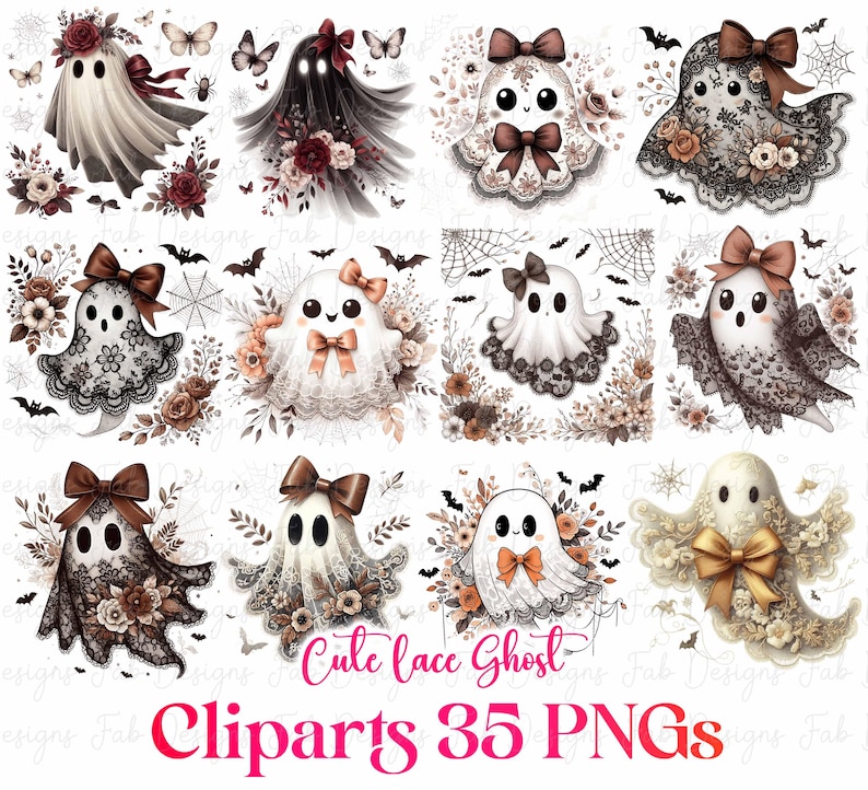 May include: A collection of 12 cute ghost cliparts with bows, lace, and floral accents. The ghosts are in various colors, including white, black, and brown. The text "Cute lace Ghost Cliparts 35 PNGs" is displayed in pink.