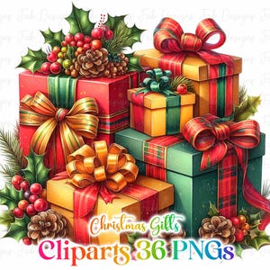 May include: A collection of colorful Christmas gifts, stacked and decorated with ribbons, bows, and holly. The gifts are in various sizes and colors, including red, green, and gold. The image includes the text "Christmas Gifts Cliparts 36 PNGs".