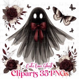 May include: A digital illustration featuring a black ghost with a red bow, surrounded by dark red roses, butterflies, and the text "Cute lace Ghost Cliparts 35 PNGs". The ghost is draped in a sheer black fabric.