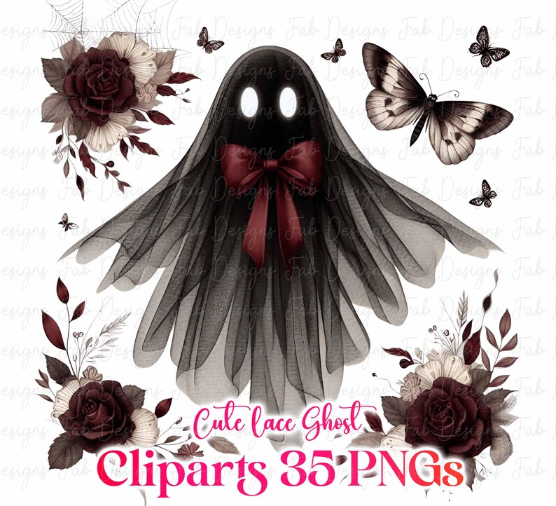 May include: A digital illustration featuring a black ghost with a red bow, surrounded by dark red roses, butterflies, and the text "Cute lace Ghost Cliparts 35 PNGs". The ghost is draped in a sheer black fabric.