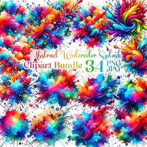 Abstract Watercolor Splash Clipart: 34 Colorful Paint Splatters (Digital Download)