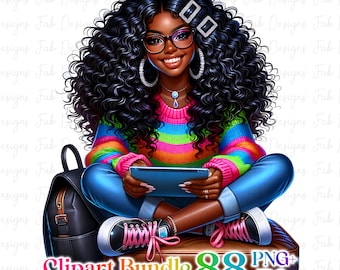 Bundle de clipart fille noire 88, graphiques fille à la mode, clipart fille afro, clipart fille denim, clipart belle fille, graphiques fille noire