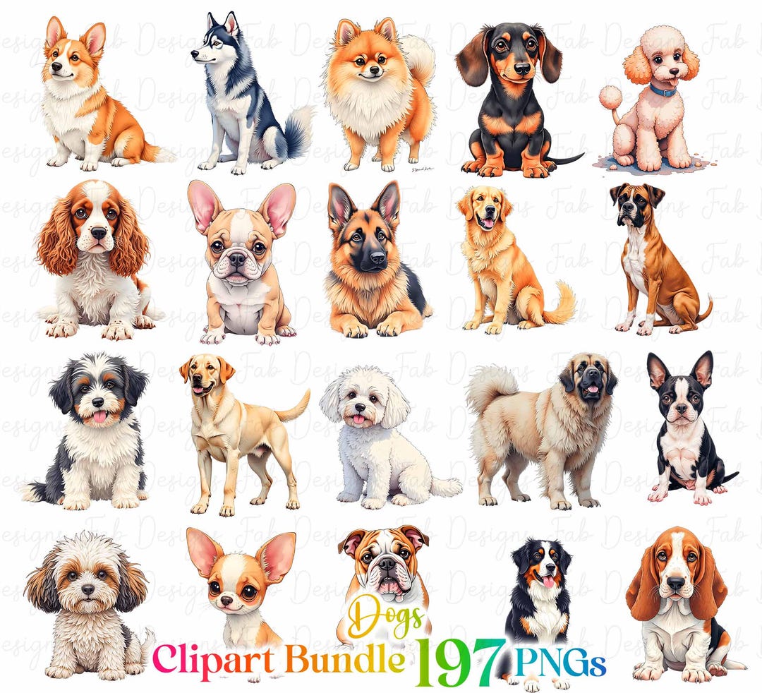 197 Cute Dogs Clipart Bundle, Dog Breeds PNG, Cute Puppy PNG, Cartoon ...