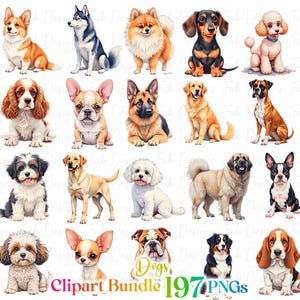 Paquete de 197 imágenes prediseñadas de perros adorables: razas de perros PNG, cachorros adorables PNG, perros de dibujos animados, animales bebés imprimibles, imágenes prediseñadas de perros en acuarela, diseños de perros PNG