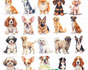 197 個のかわいい犬のクリップアート バンドル、犬の品種 PNG、かわいい子犬 PNG、漫画の犬、印刷可能な赤ちゃん動物、水彩犬のクリップアート、犬のデザイン PNG