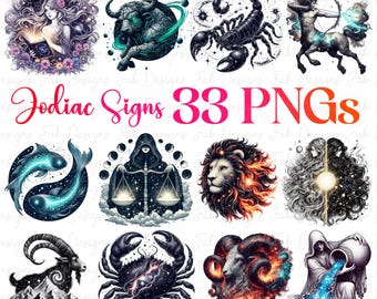 Zodiac PNG Bundle: 33 Horoscope Astrology Clipart (Digital Download)
