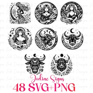 Op de afbeelding: Zwart-wit illustraties van dierenriemtekens, waaronder vrouwen en stieren, in cirkelvormige en halve maan ontwerpen. De afbeelding bevat ook de tekst "Zodiac Signs" en "48 SVG+PNG".