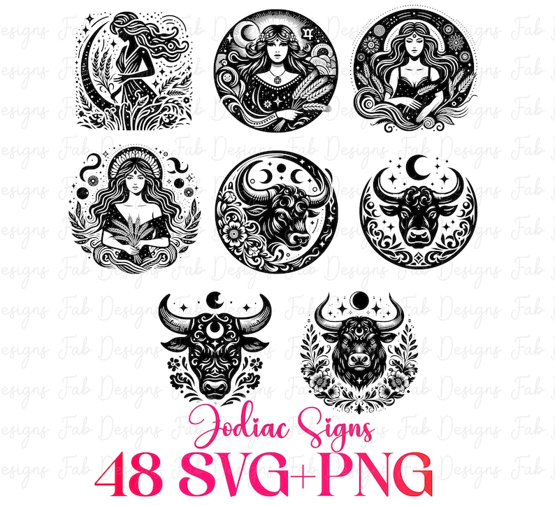 Op de afbeelding: Zwart-wit illustraties van dierenriemtekens, waaronder vrouwen en stieren, in cirkelvormige en halve maan ontwerpen. De afbeelding bevat ook de tekst "Zodiac Signs" en "48 SVG+PNG".