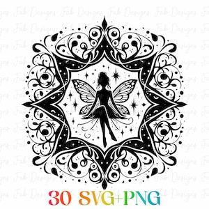 May include: A black and white fairy silhouette is set within an elaborate circular frame. The fairy has detailed wings and is surrounded by stars and decorative flourishes. The image includes the text "30 SVG+PNG" in a rainbow gradient.