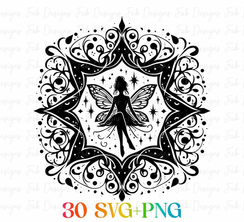 May include: A black and white fairy silhouette is set within an elaborate circular frame. The fairy has detailed wings and is surrounded by stars and decorative flourishes. The image includes the text "30 SVG+PNG" in a rainbow gradient.
