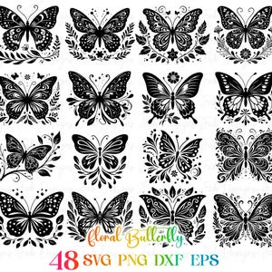Floral Butterfly SVG Bundle: 48 Butterfly Clipart Designs (Digital Download)