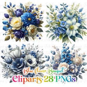Blue Watercolor Flower Clipart: Summer Floral Bouquets (Digital Download