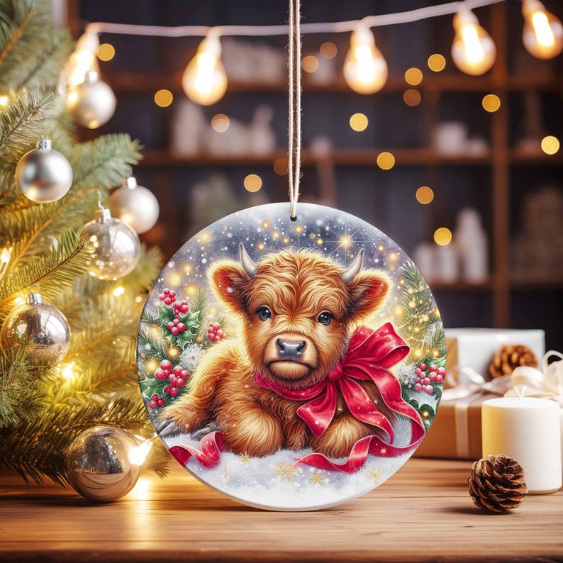 May include: Round Christmas ornament featuring a Highland cow calf with a red bow. The ornament has a snowy background with holly and a Christmas tree. The cow is brown with small horns. The ornament is hanging from a string.