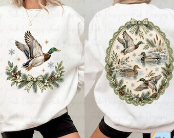 Mallard Duck PNG Bundle, Front and Back Shirt Design, Sage Lace Oval with Winter Mallards plus Pocket Flying Duck, Christmas Duck Sweatshirt
