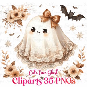 May include: A cute, cartoon ghost illustration with a white lace trim and a brown bow. The ghost has a smiling face and is surrounded by bats, spiderwebs, and floral elements. Text reads "Cute lace Ghost Cliparts 35 PNGs."
