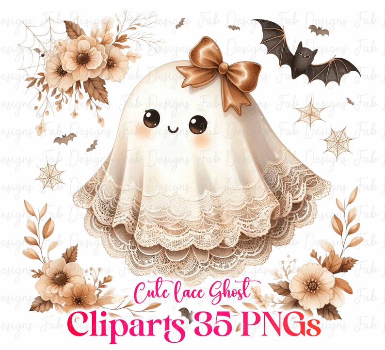 May include: A cute, cartoon ghost illustration with a white lace trim and a brown bow. The ghost has a smiling face and is surrounded by bats, spiderwebs, and floral elements. Text reads "Cute lace Ghost Cliparts 35 PNGs."