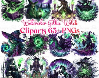 Watercolor Gothic Witch Clipart Collection: 65+ Halloween PNGs (Commercial Use) (Digital Download)
